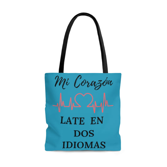 Mi Corazón Late en Dos Idiomas English/Spanish Large Tote Bag - Turquoise